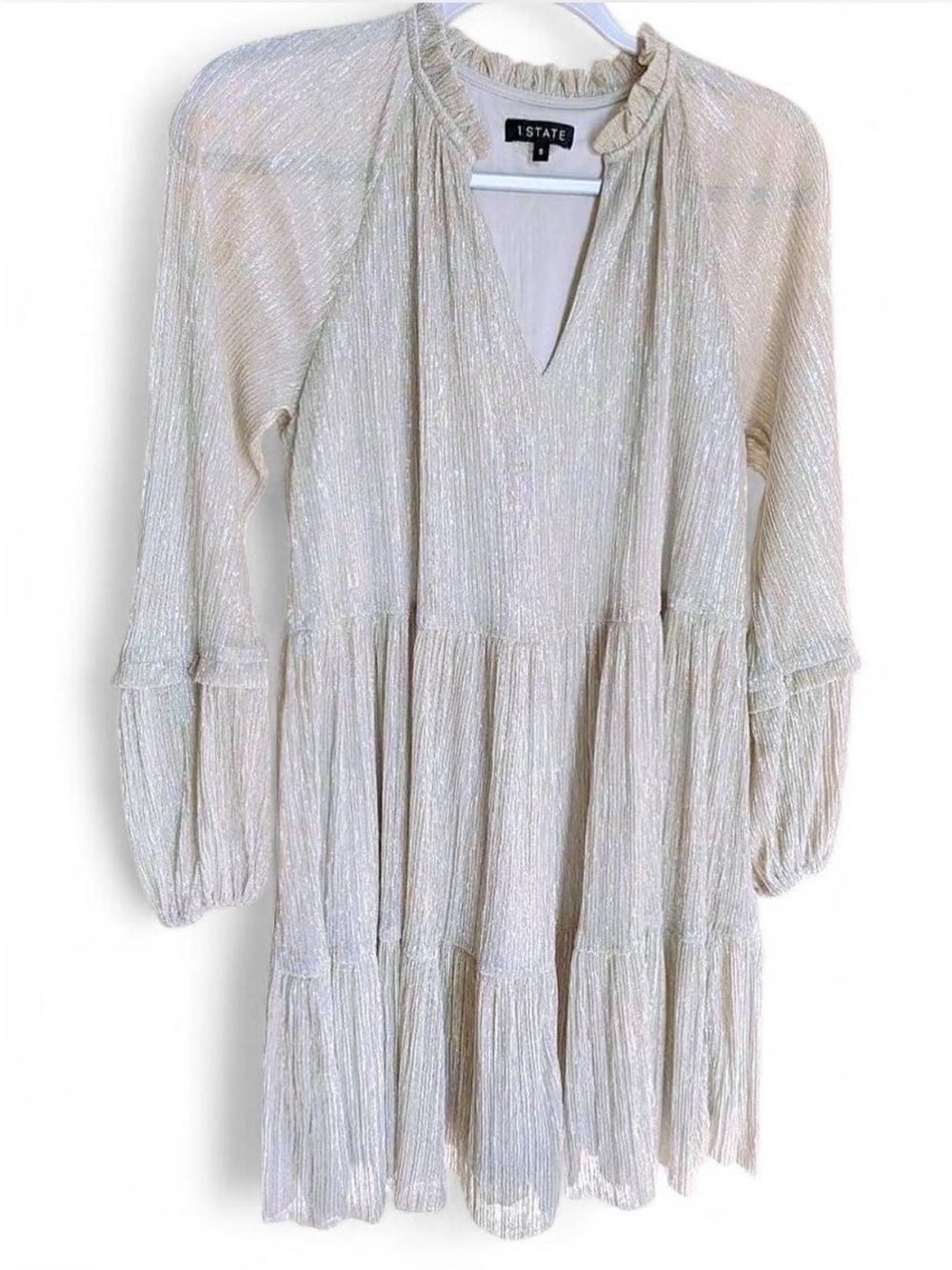 1. State Shimmery Silver Tiered  Ruffle-Trim Long Sleeve Dress XL